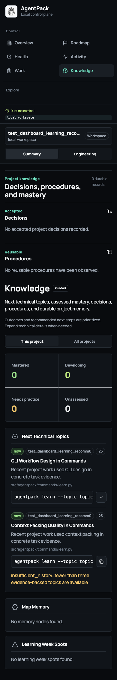 AgentPack Knowledge view on a mobile viewport