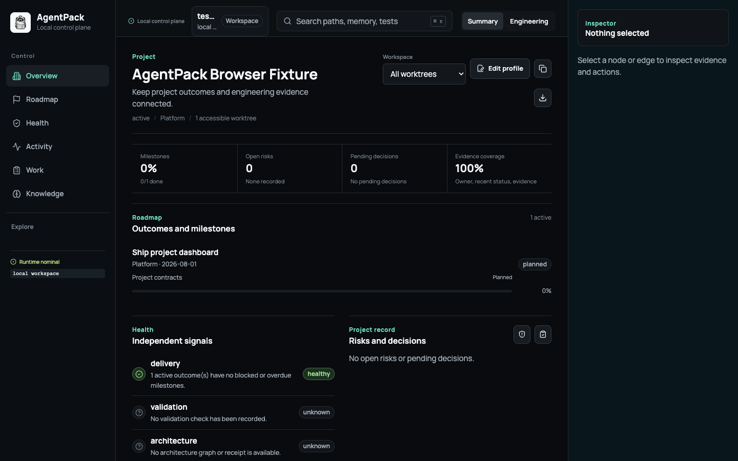 AgentPack project overview with roadmap, independent health, risks, decisions, and evidence coverage